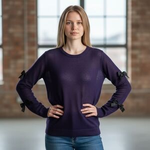 Acrobat Black Bows Tie Split Sleeve Blue Wool/Cashmere Blend Sweater Size small